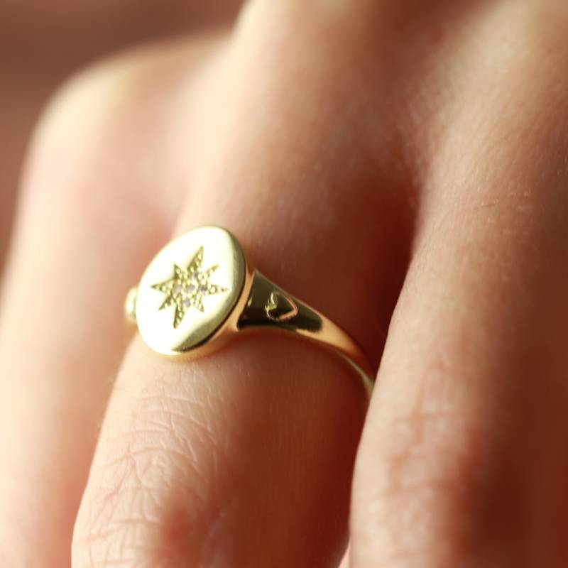 Kutup Yıldızı Zirkon Taşlı Gold Kaplama Ayarlanabilir Gümüş Eklem Yüzüğü